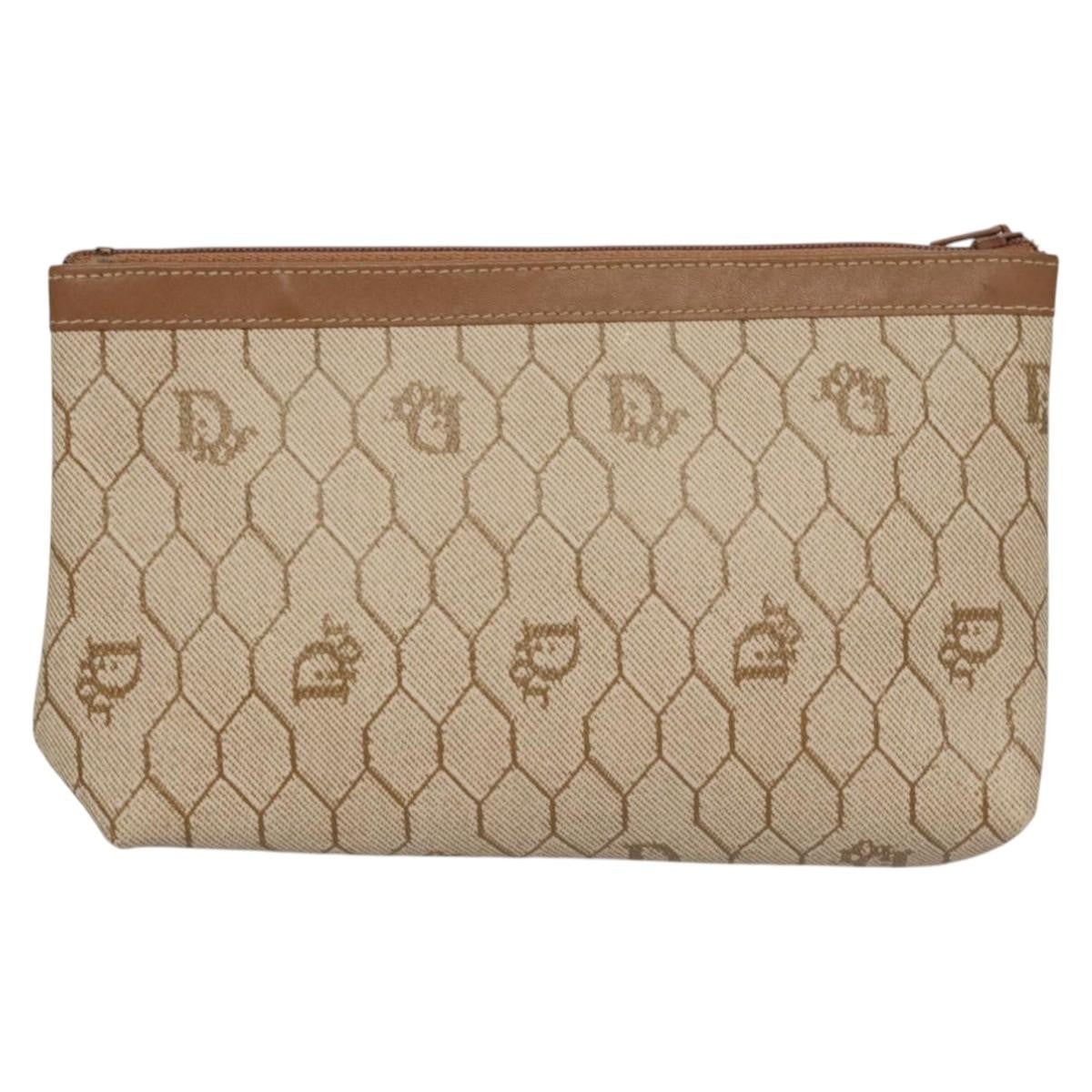 Christian Dior Vintage Honeycomb Zip Pouch Coated Canvas, BEIGE, PVC, Clutche & pouche