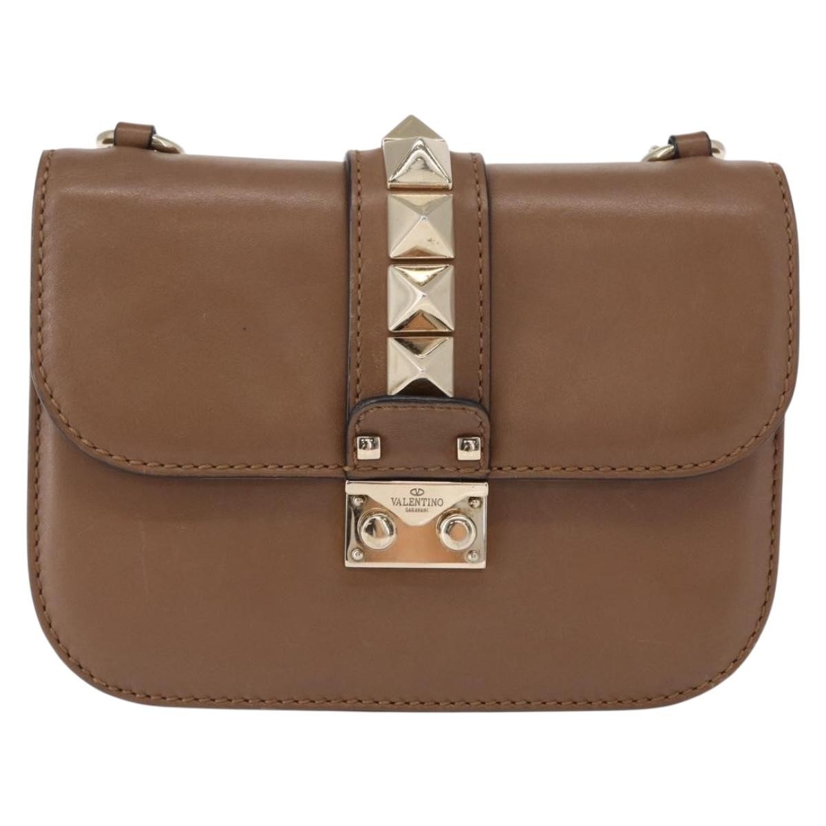 Valentino Garavani Rolling Rockstud Glam Lock Shoulder Bag Leather, BROWN, LEATHER, Shoulder bag