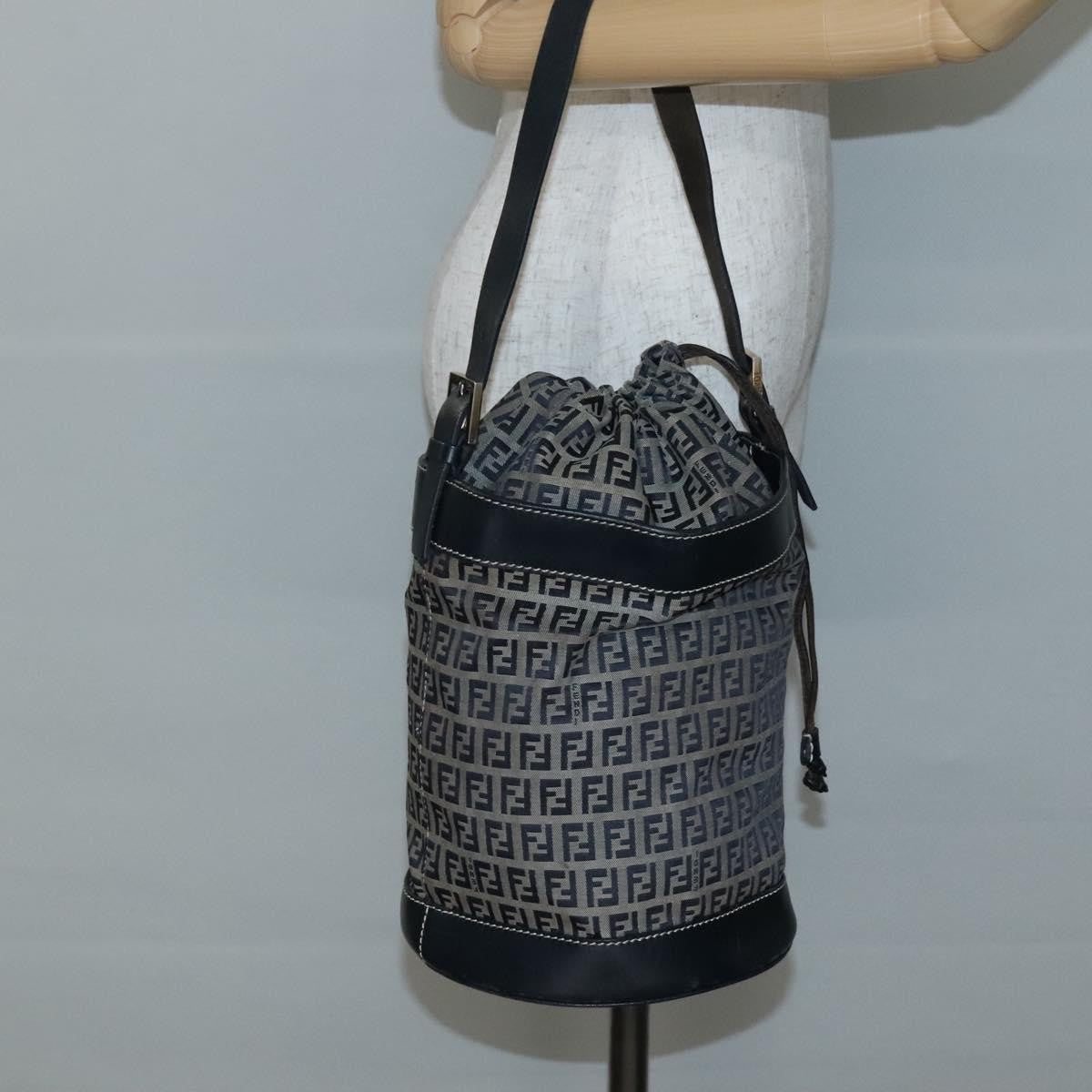 Fendi FF Logo Mon Tresor Bucket Bag Printed Shearling with Leather, NAVY, CANVAS, Shoulder bag