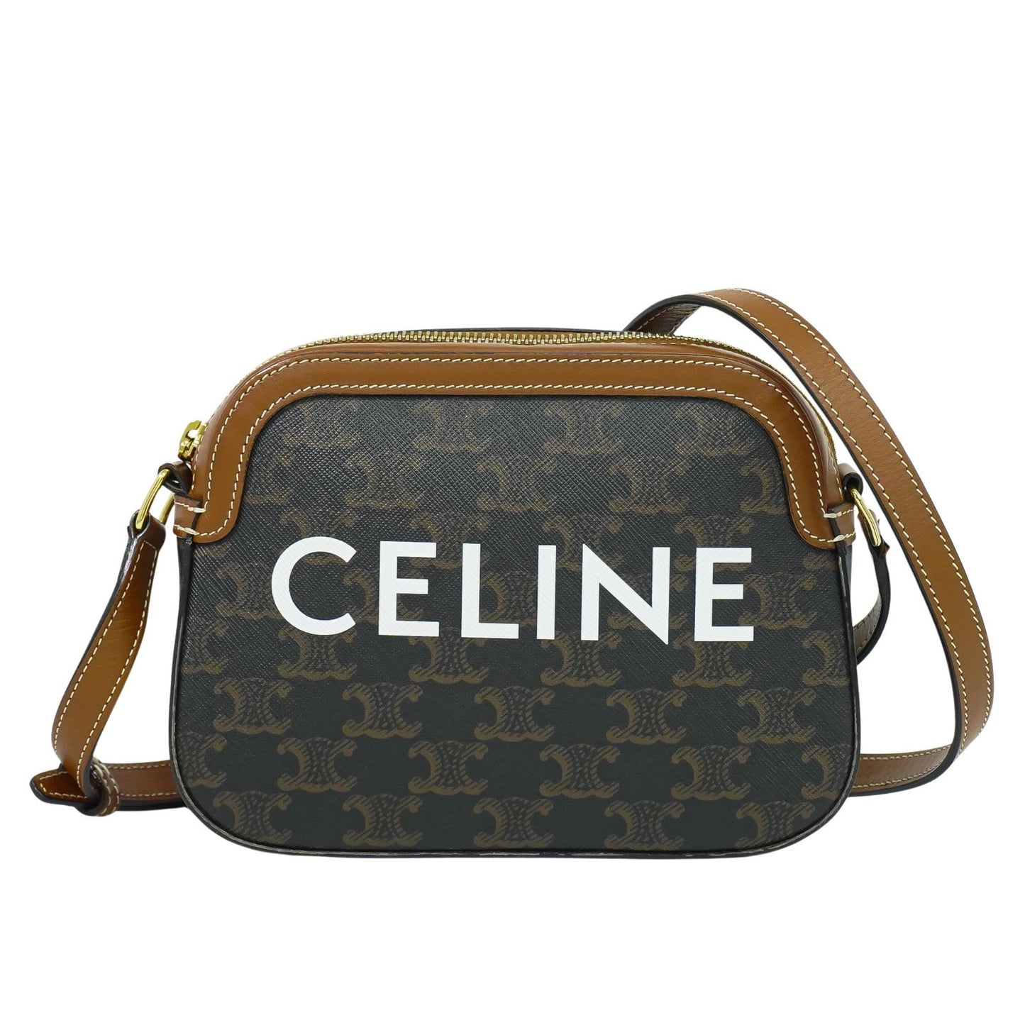 Celine Logo Camera Bag Triomphe Coated Canvas, BROWN, CLOTH, Shoulder bag