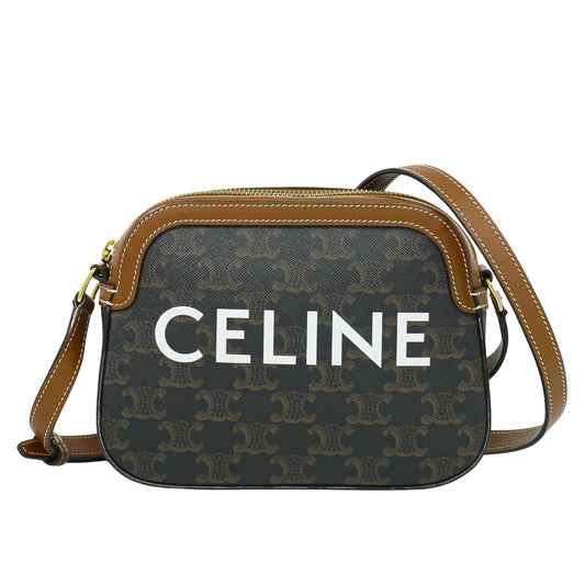 Celine Logo Camera Bag Triomphe Coated Canvas, BROWN, CLOTH, Shoulder bag