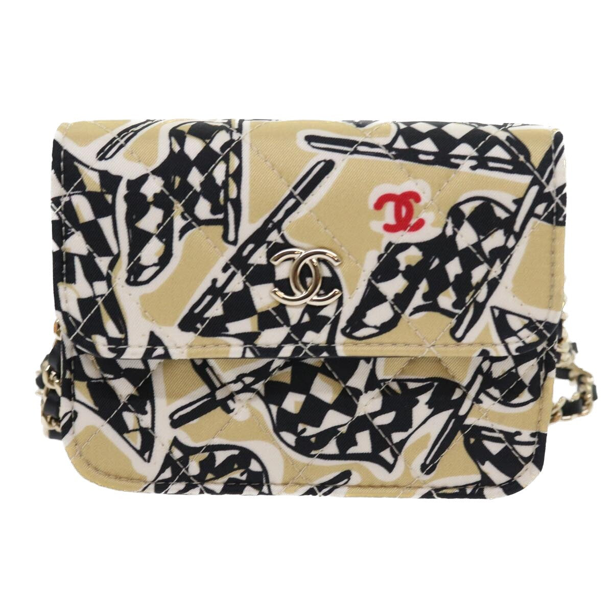 Chanel Flap Card Holder on Chain Quilted Printed Canvas, BEIGE, CANVAS, Shoulder bag