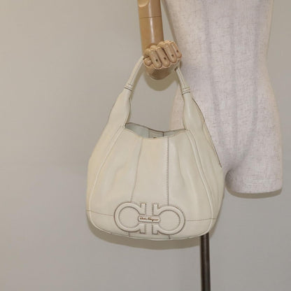 Salvatore Ferragamo Gancini Hobo Stitched Leather, WHITE, LEATHER, Handbag