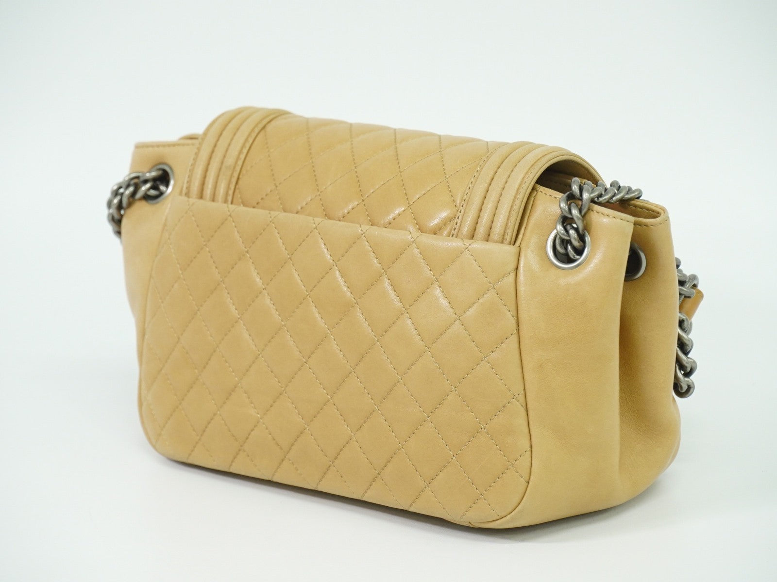Chanel Boy Accordion Flap Bag Quilted Lambskin, BEIGE, LEATHER, Shoulder bag