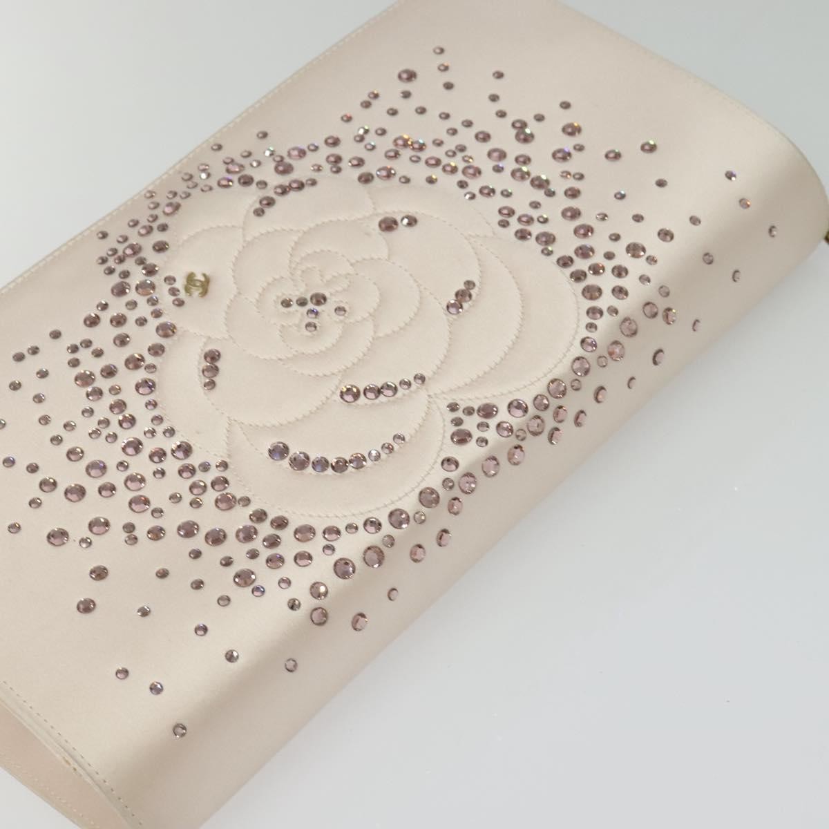 Chanel Camellia Diamante Convertible Clutch Crystal Embellished Satin, PINK, SATIN, Shoulder bag