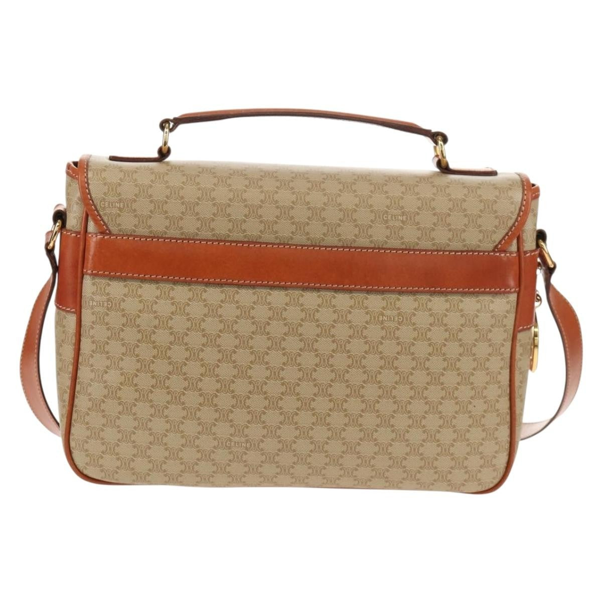 Celine Vintage Macadam Handbag Canvas and Leather, BEIGE, CANVAS, Handbag