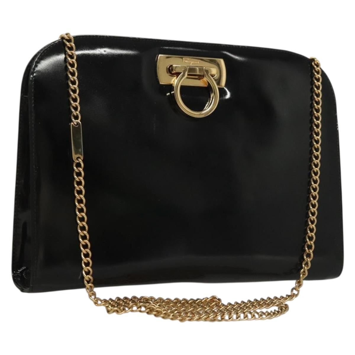 Salvatore Ferragamo Gancini Shoulder Bag Patent Leather, BLACK, PATENT_LEATHER, Shoulder bag