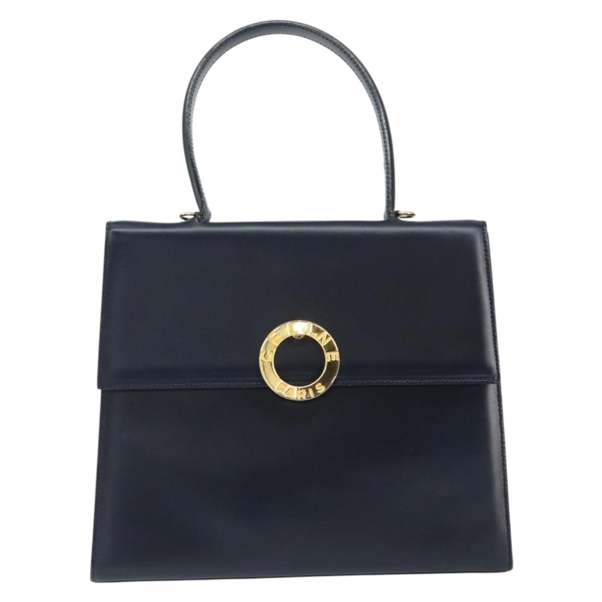 Celine Circle Logo Handbag Leather, NAVY, LEATHER, Handbag
