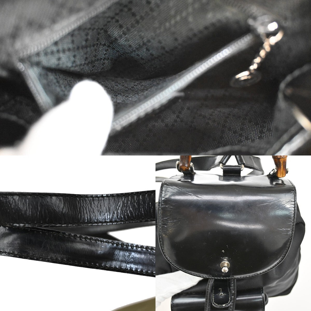 Gucci Vintage Bamboo Backpack Nylon and Patent Leather, BLACK, NYLON, Backpack