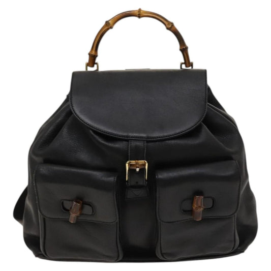 Gucci Vintage Bamboo Backpack Leather, Black, Leather, Backpack