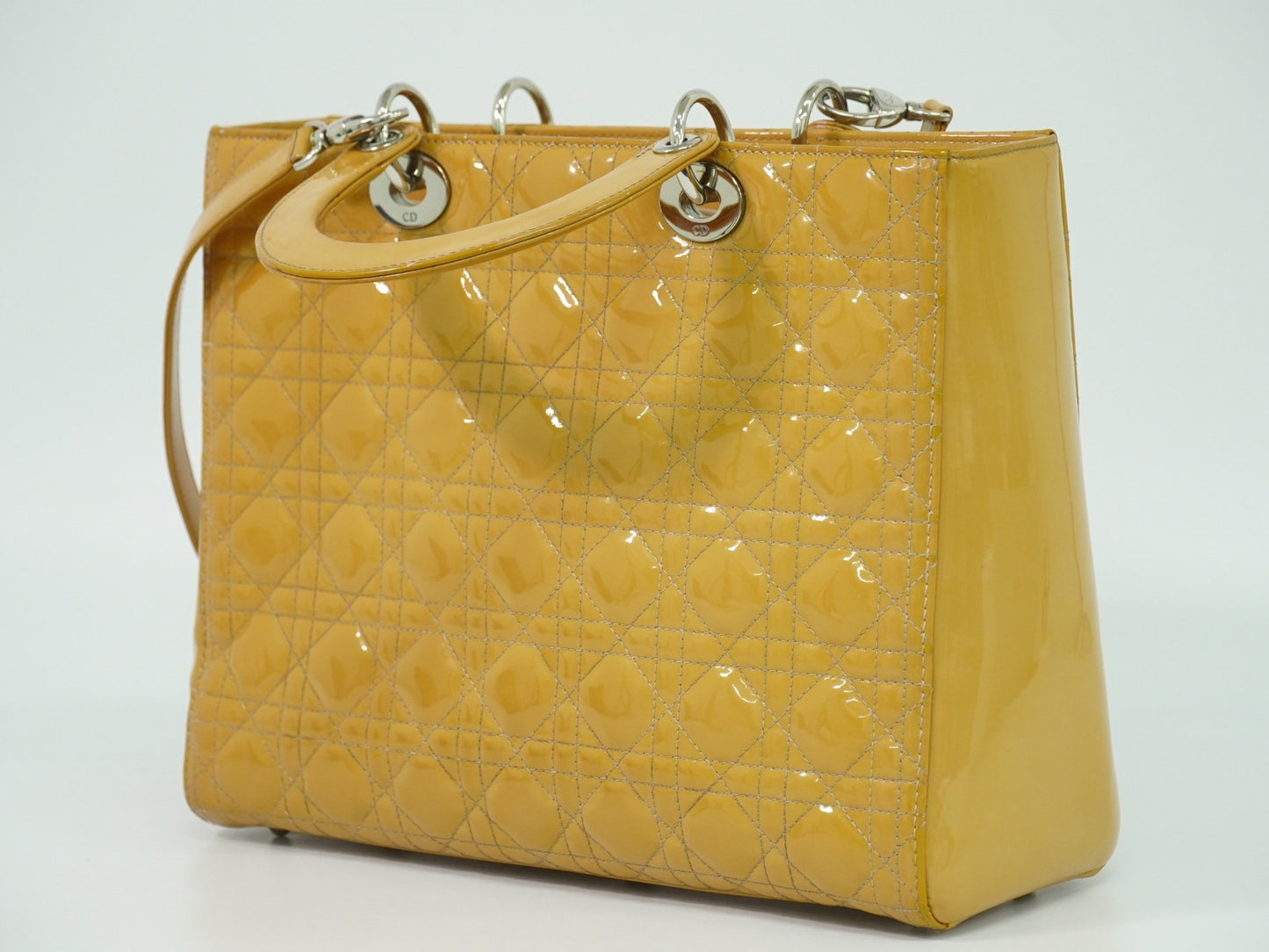 Christian Dior Vintage Lady Dior Bag Cannage Quilt Patent, BEIGE, PATENT_LEATHER, Handbag