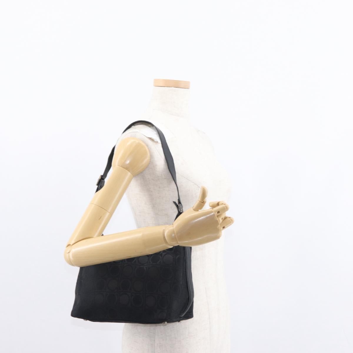 Salvatore Ferragamo Gancini Shoulder Bag Nylon, BLACK, LEATHER, Shoulder bag