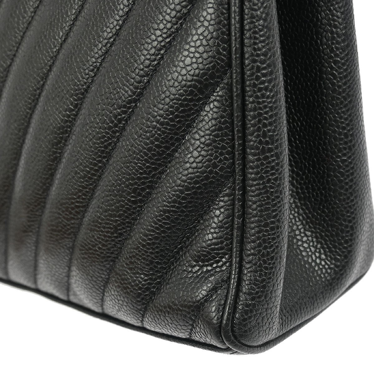Chanel Vintage Zip Shoulder Bag Chevron Caviar, Black, Calfskin, Shoulder Bag