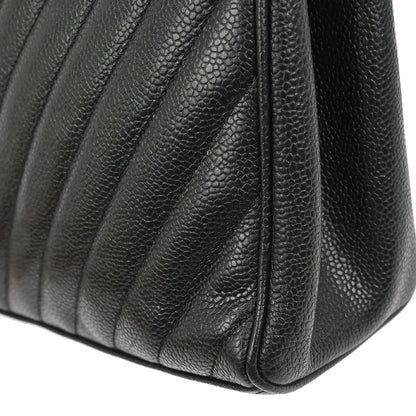 Chanel Vintage Zip Shoulder Bag Chevron Caviar, Black, Calfskin, Shoulder Bag