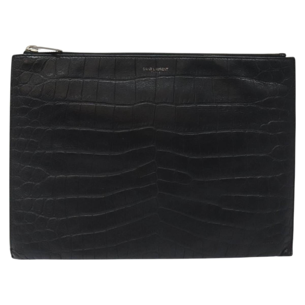 Saint Laurent Zip Pouch Crocodile Embossed Leather, BLACK, LEATHER, Clutche & pouche
