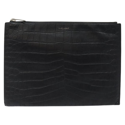 Saint Laurent Zip Pouch Crocodile Embossed Leather, BLACK, LEATHER, Clutche & pouche