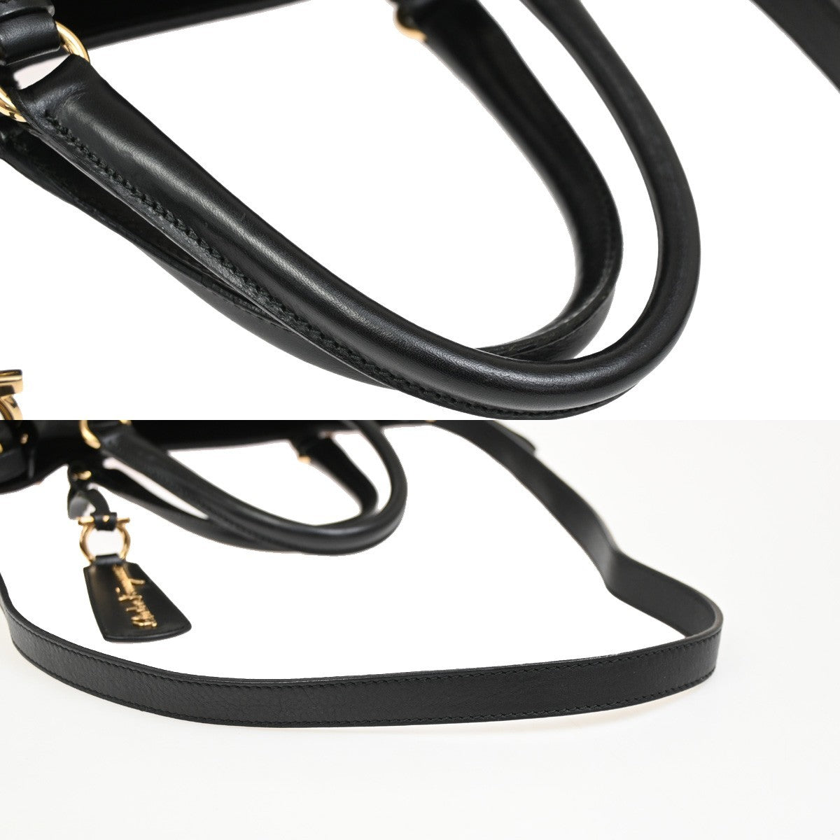 Salvatore Ferragamo Double Gancini Side Buckle Tote Leather, BLACK, LEATHER, Tote bag