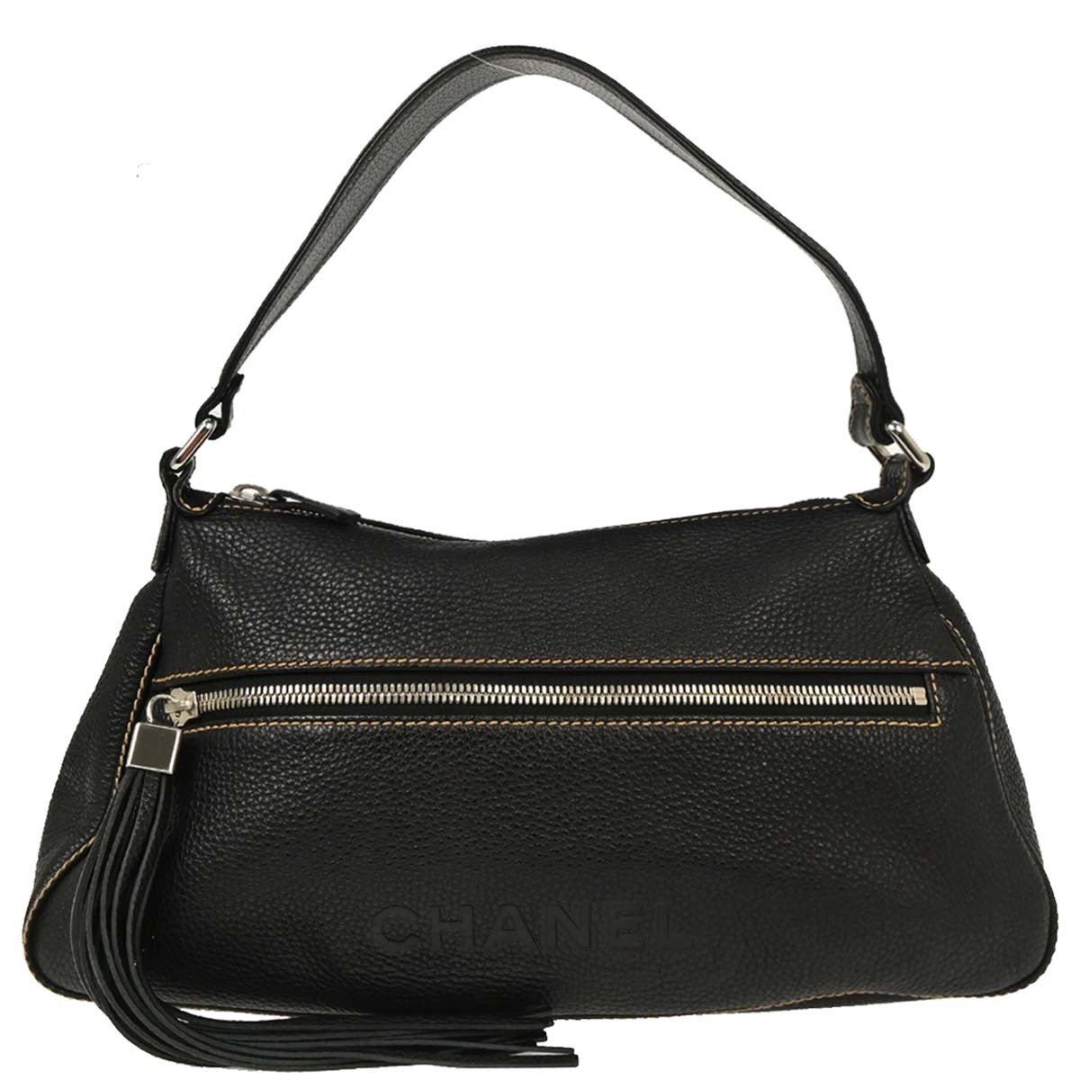 Chanel Lax Front Zip Bag Pebbled Leather, BLACK, LEATHER, Shoulder bag