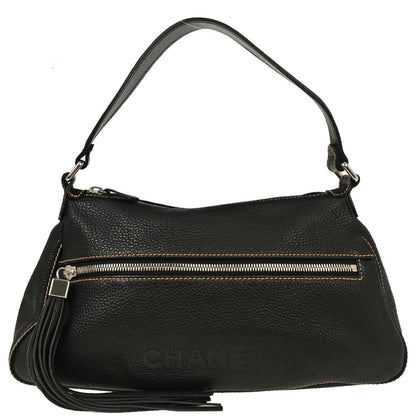 Chanel Lax Front Zip Bag Pebbled Leather, BLACK, LEATHER, Shoulder bag