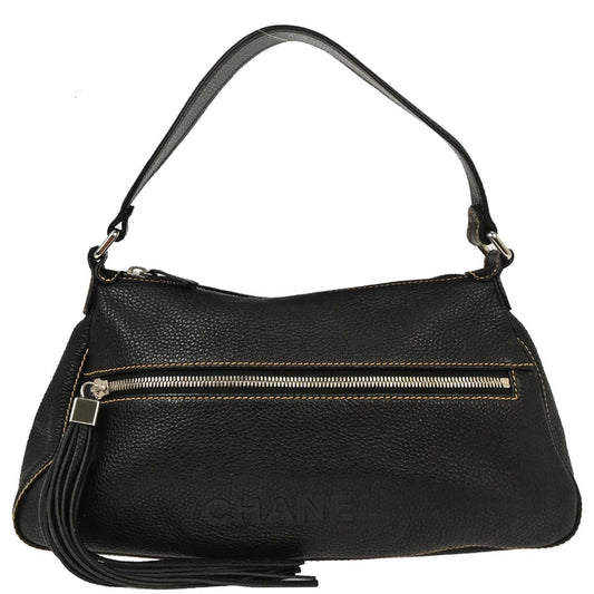 Chanel Lax Front Zip Bag Pebbled Leather, BLACK, LEATHER, Shoulder bag