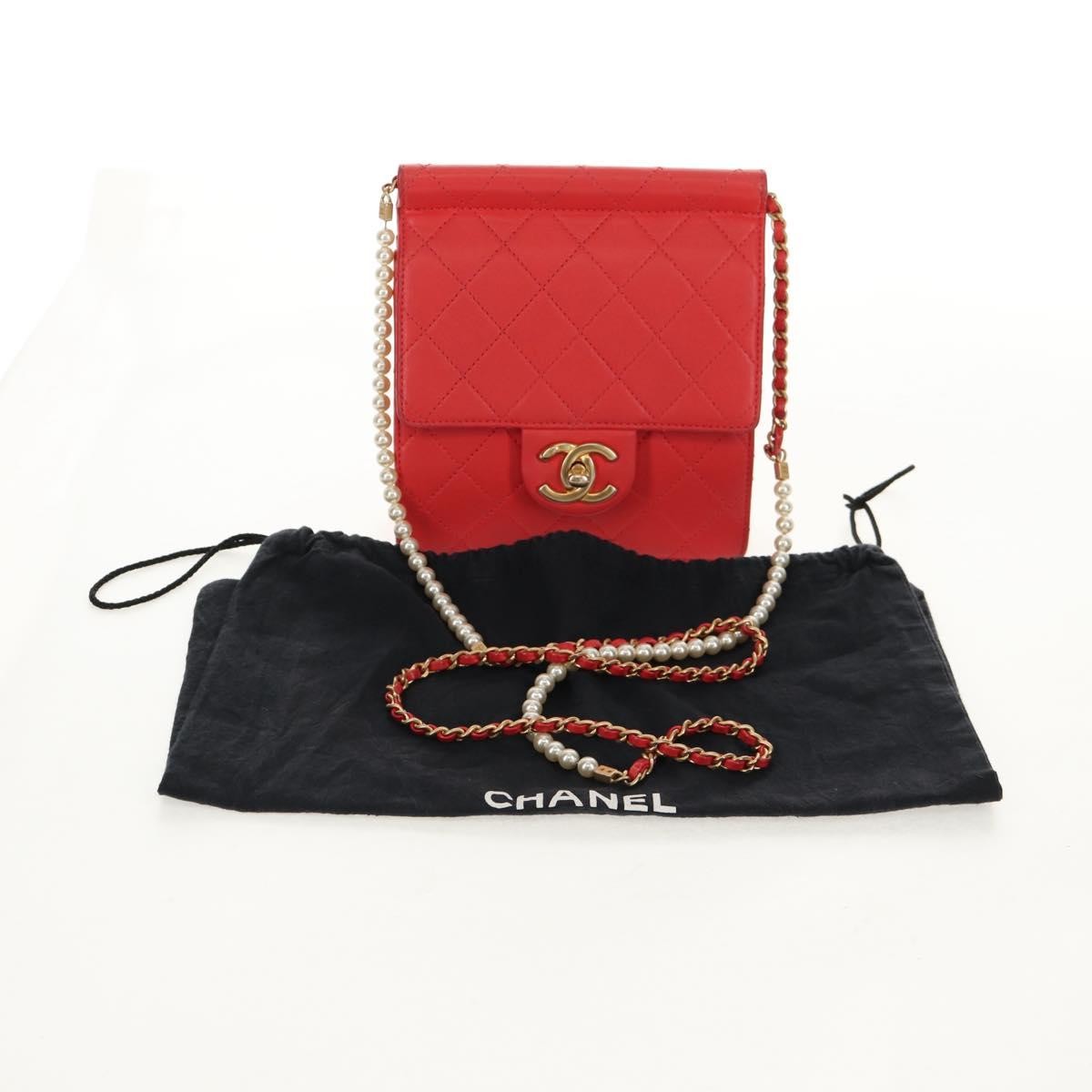 Chanel Pearl Chain Flap Bag Quilted Lambskin, RED, CALFSKIN, Clutche & pouche