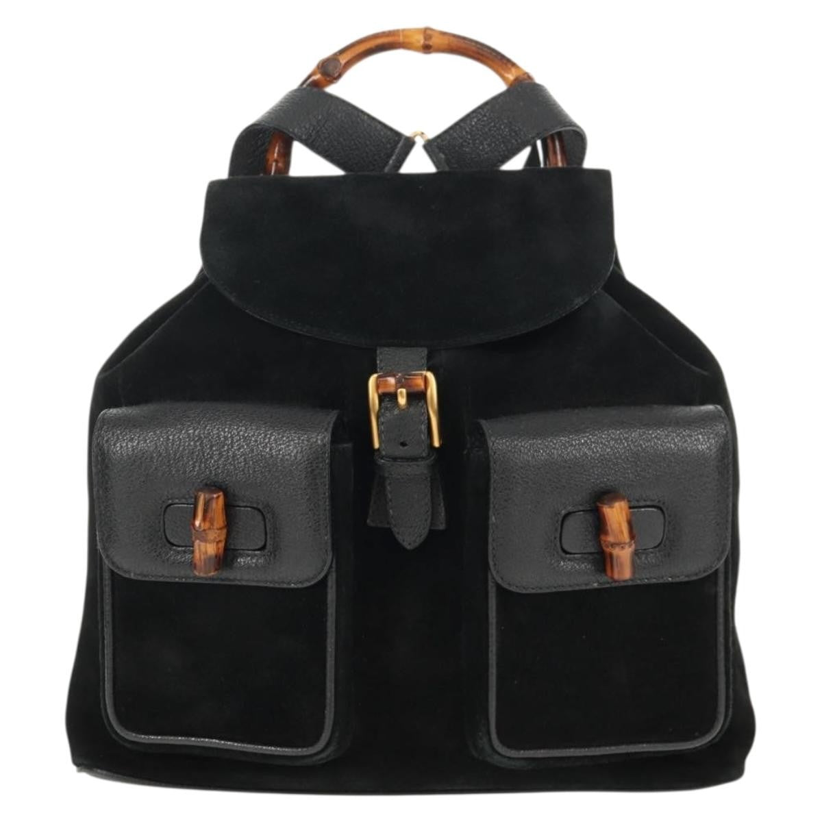 Gucci Vintage Bamboo Backpack Suede, BLACK, SUEDE, Backpack