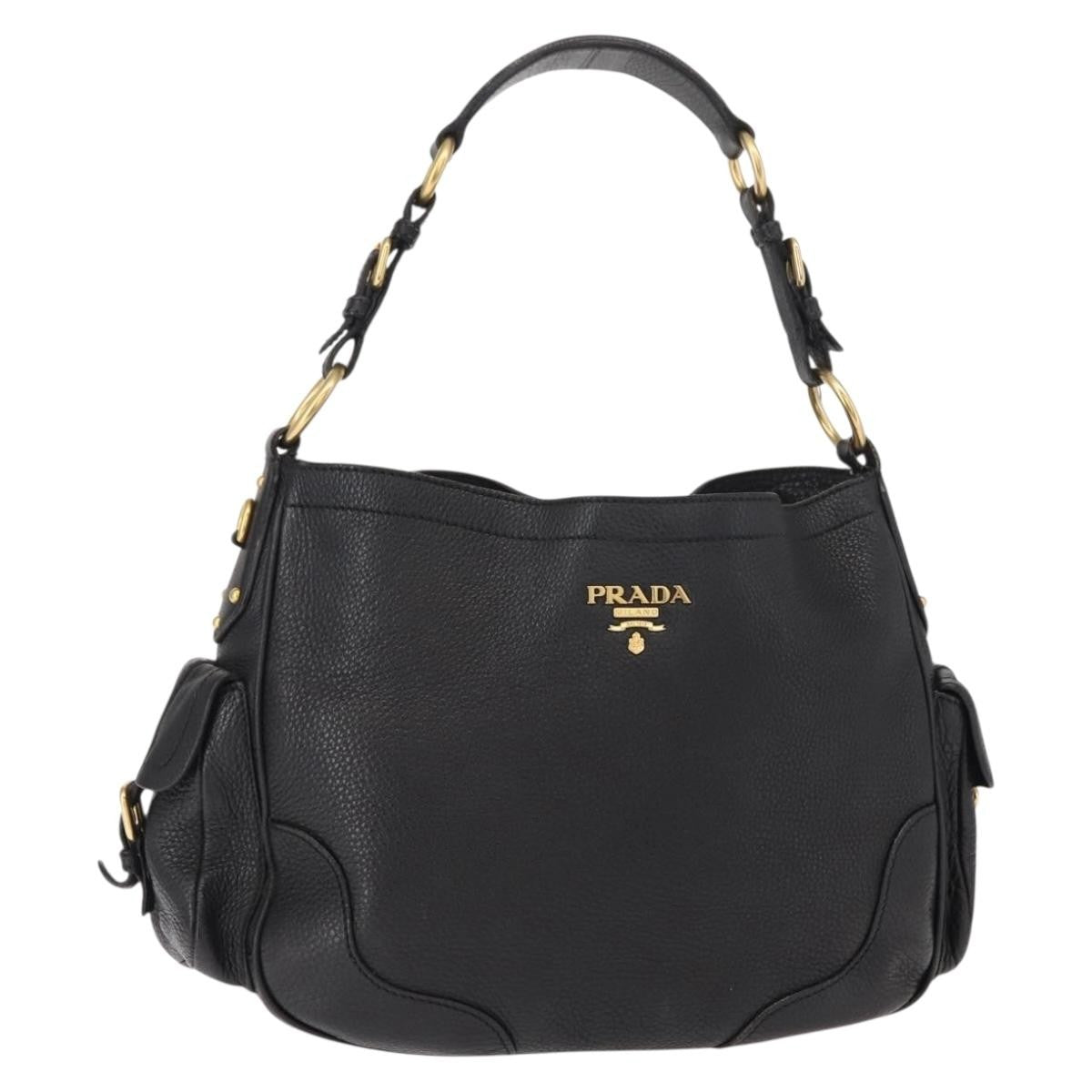 Prada Side Pocket Hobo Vitello Daino, BLACK, LEATHER, Shoulder bag
