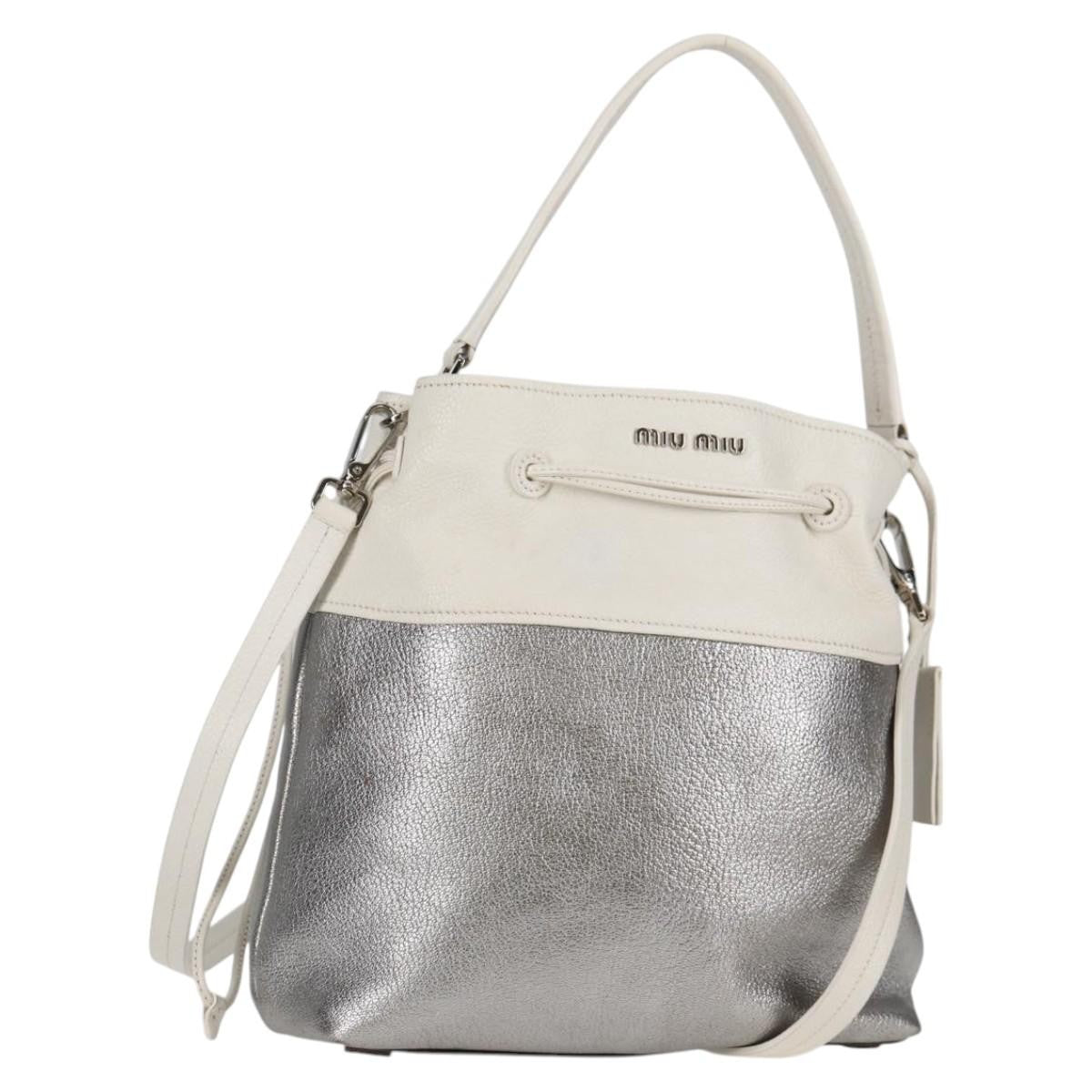 Miu Miu Drawstring Satchel Leather, SILVER, LEATHER, Handbag