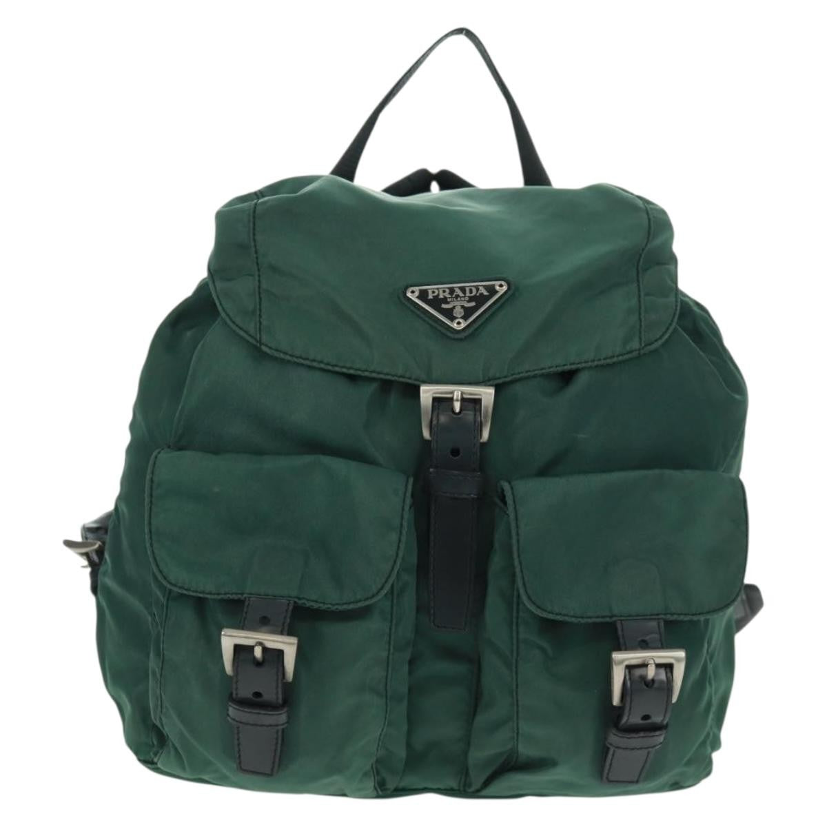Prada Vela Double Front Pocket Backpack Tessuto with Saffiano Leather, GREEN, NYLON, Backpack