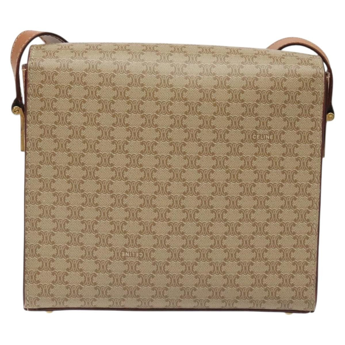 Celine Vintage Macadam Shoulder Bag Canvas and Leather, Beige, Canvas, Shoulder Bag