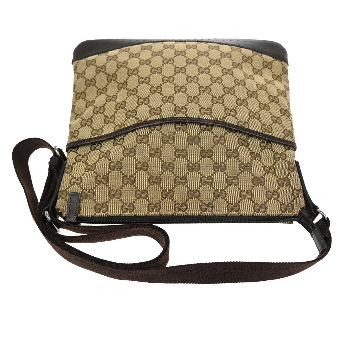 Gucci Zip Messenger Bag GG Canvas with Perforated Leather, BROWN, CANVAS, Shoulder bag