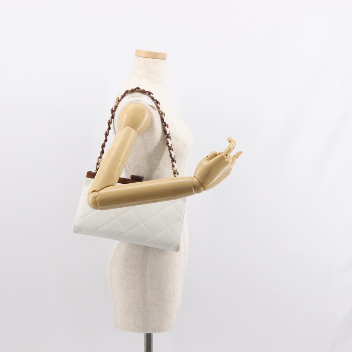 Chanel Wooden Frame Striped Shoulder Bag Leather, WHITE, LEATHER, Shoulder bag