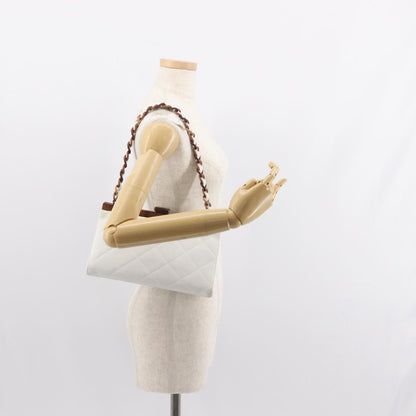 Chanel Wooden Frame Striped Shoulder Bag Leather, WHITE, LEATHER, Shoulder bag