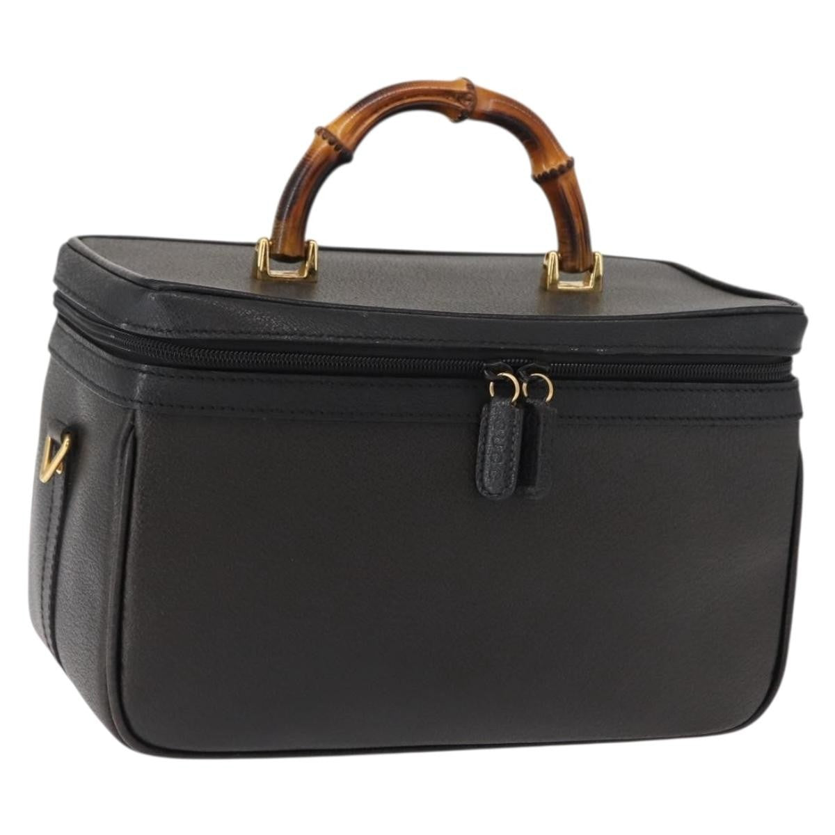 Gucci Vintage Bamboo Vanity Case Leather, NAVY, LEATHER, Handbag