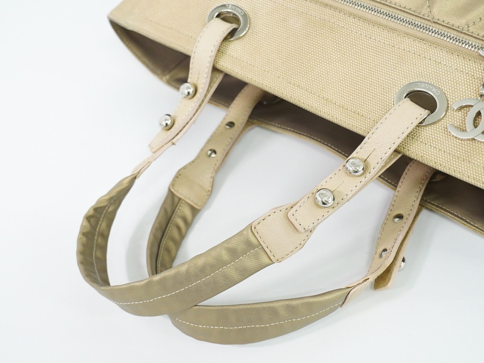 Chanel Biarritz Pocket Tote Quilted Coated Canvas, GOLD, CANVAS, Tote bag