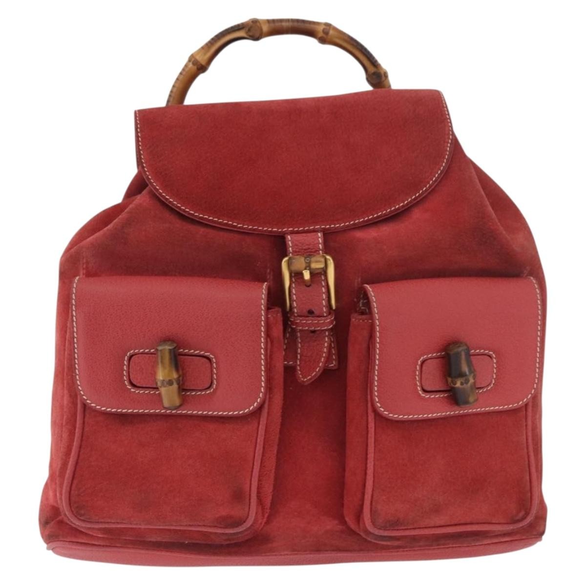 Gucci Vintage Bamboo Backpack Suede and Leather, Red, Suede, Backpack