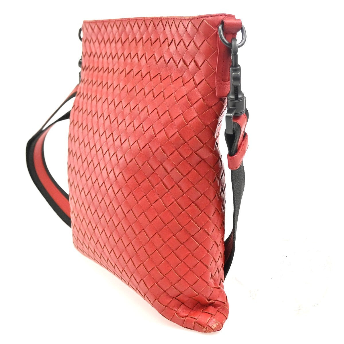 Bottega Veneta Flat Messenger Bag Intrecciato Nappa, Red, Leather, Shoulder Bag