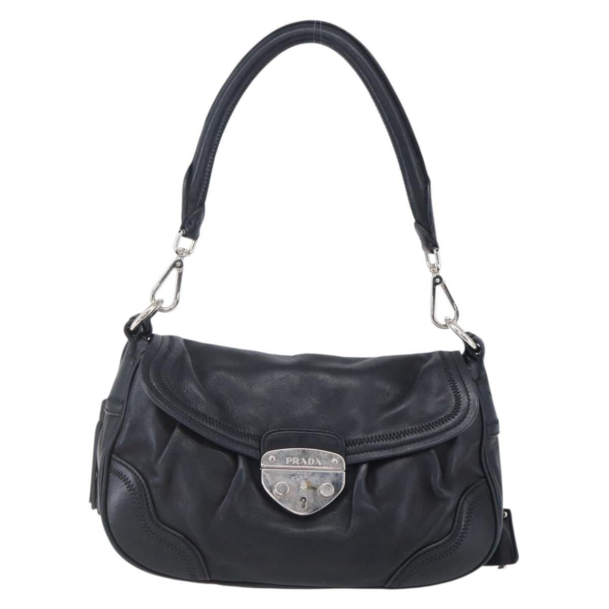 Prada Pushlock Shoulder Bag Leather, BLACK, LEATHER, Shoulder bag
