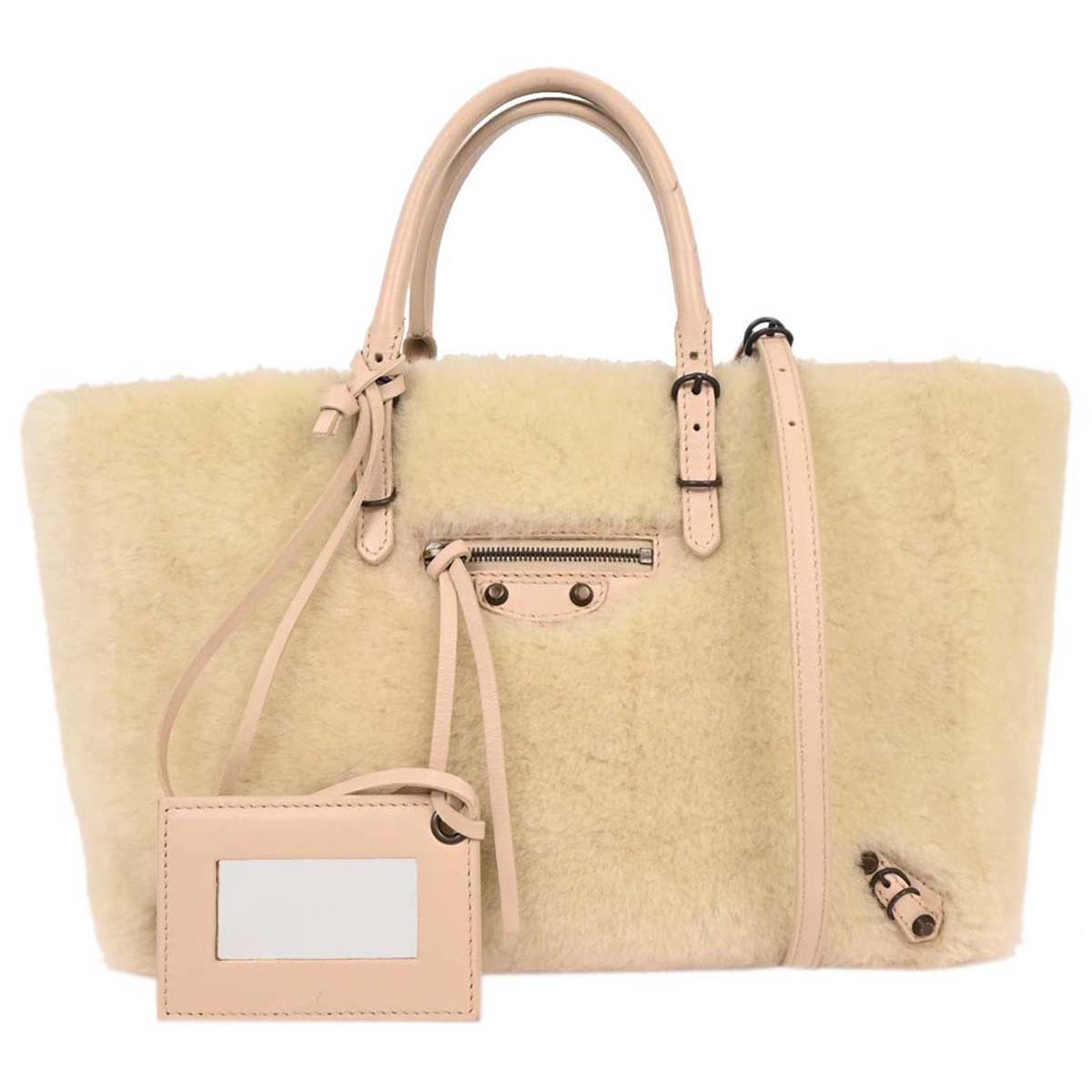 Balenciaga Papier A6 Zip Around Classic Studs Bag Shearling, WHITE, FAUX_FUR, Handbag