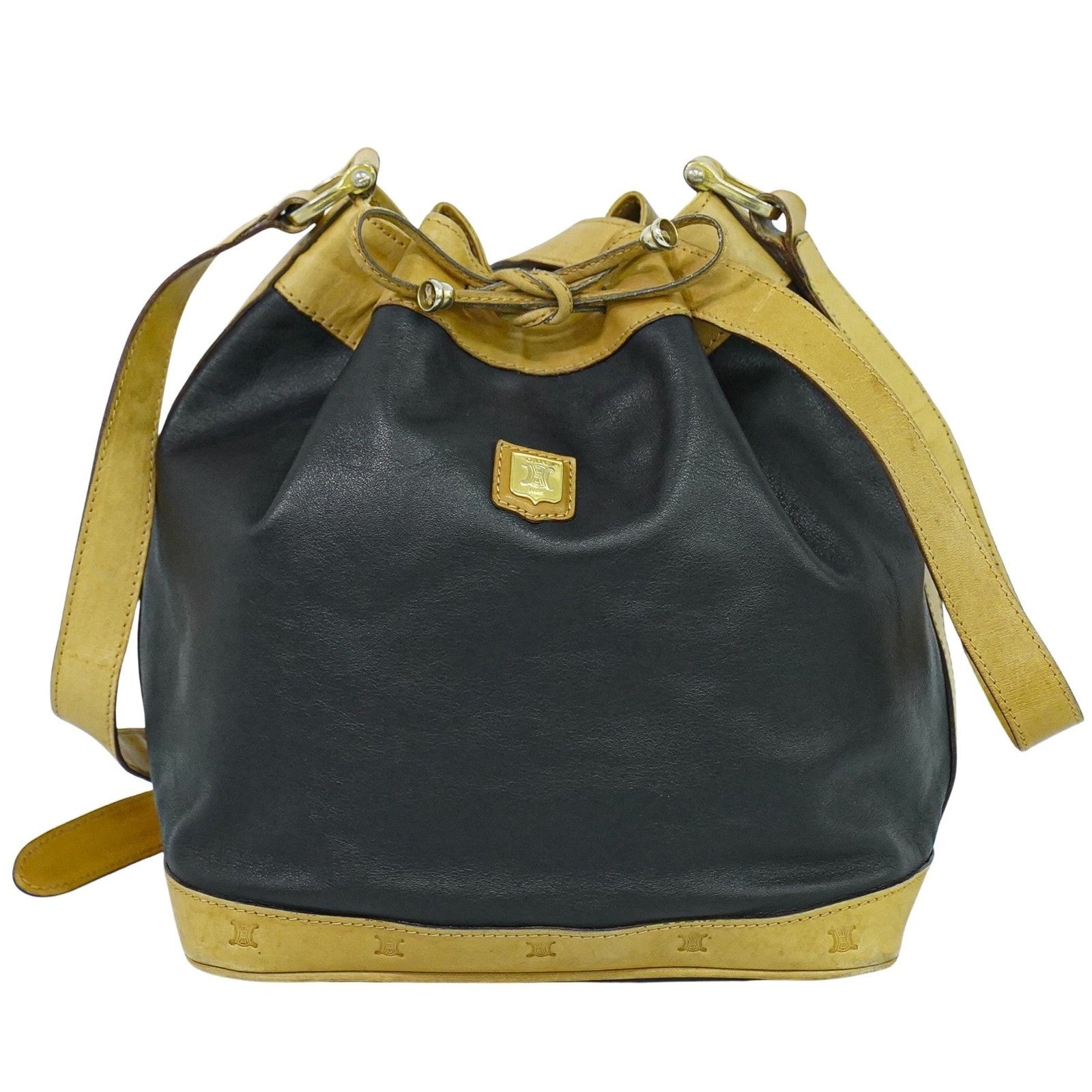 Celine Triomphe Drawstring Bucket Bag Leather, BLACK, LEATHER, Shoulder bag