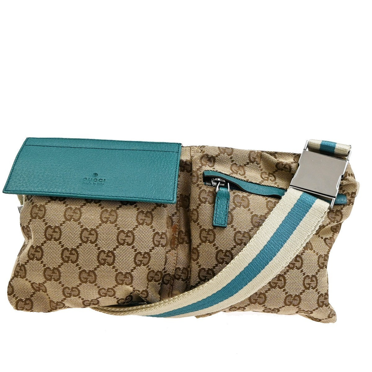 Gucci Vintage Double Belt Bag GG Canvas with Leather, BEIGE, CANVAS, Shoulder bag