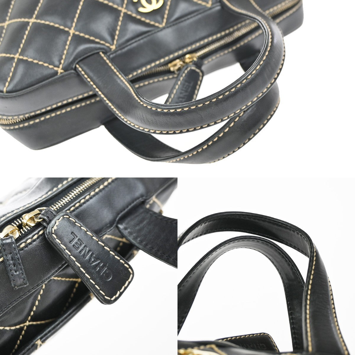 Chanel Surpique Boston Bag Quilted Leather, BLACK, LEATHER, Handbag