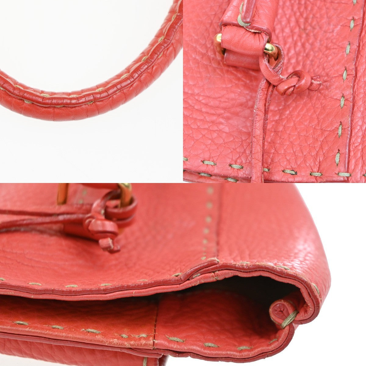 Fendi Selleria Linda Satchel Pebbled Leather, RED, LEATHER, Handbag