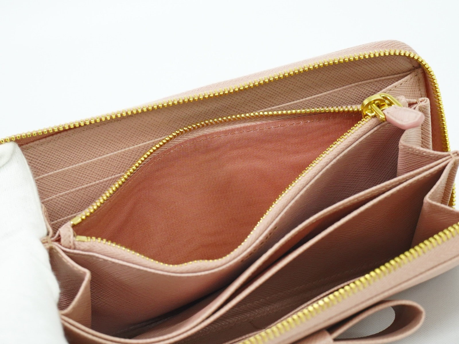 Prada Bow Zip Around Wallet Saffiano Leather, PINK, LEATHER, Wallets