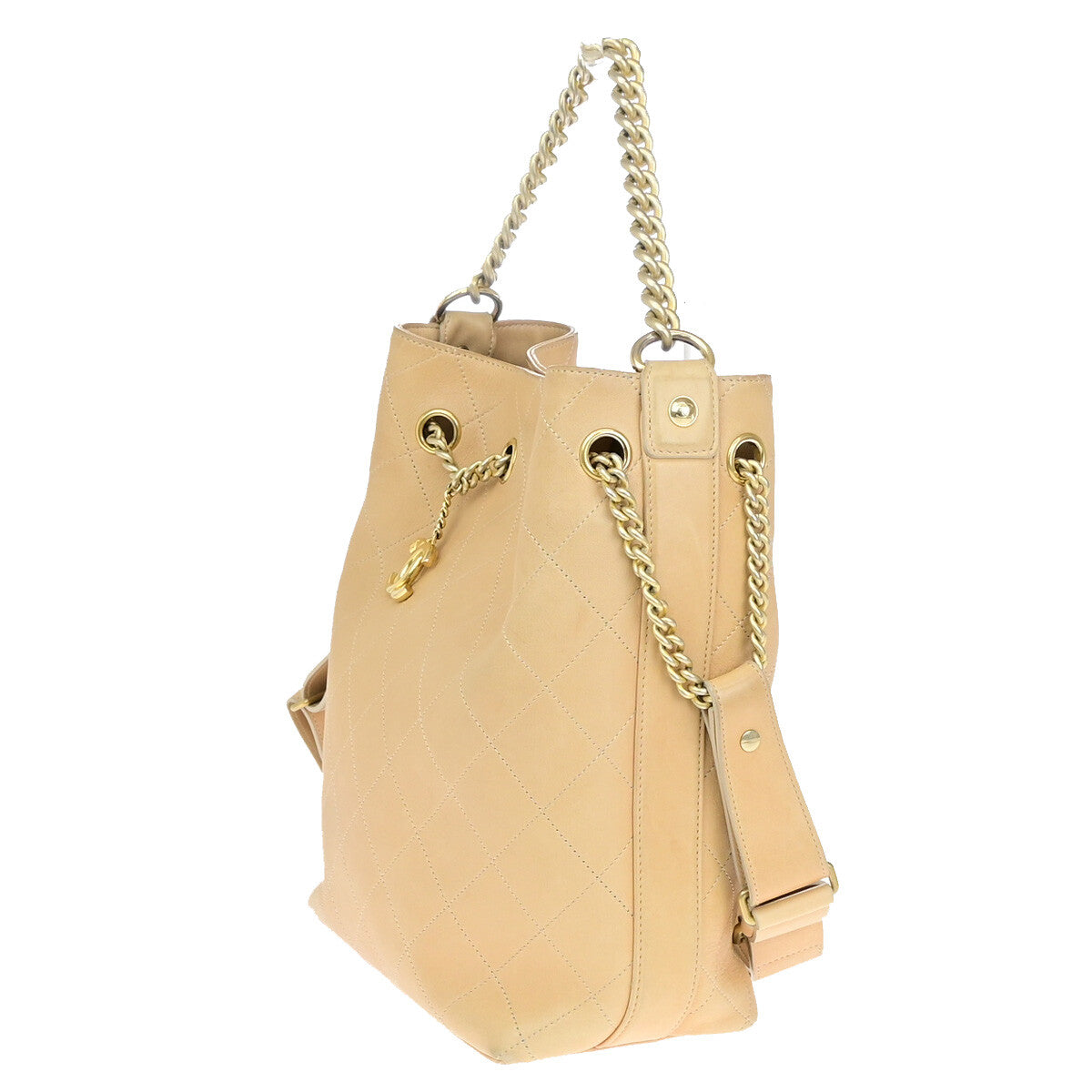 Chanel On My Shoulder Drawstring Bag Quilted Calfskin, BEIGE, LEATHER, Shoulder bag