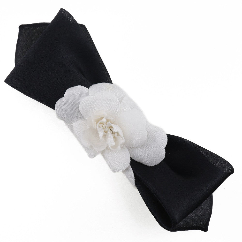 Chanel Camellia Ribbon Headband Silk, BLACK, SATIN, Head accessory