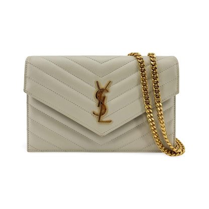 Saint Laurent Bicolor Monogram Leather and Patent, Beige, Leather, Wallet