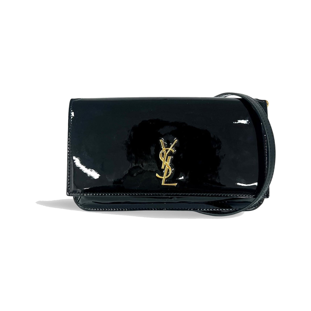 Saint Laurent Cassandre Flap Wristlet Patent, Black, Patent Leather, Handbag