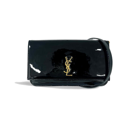 Saint Laurent Cassandre Flap Wristlet Patent, Black, Patent Leather, Handbag