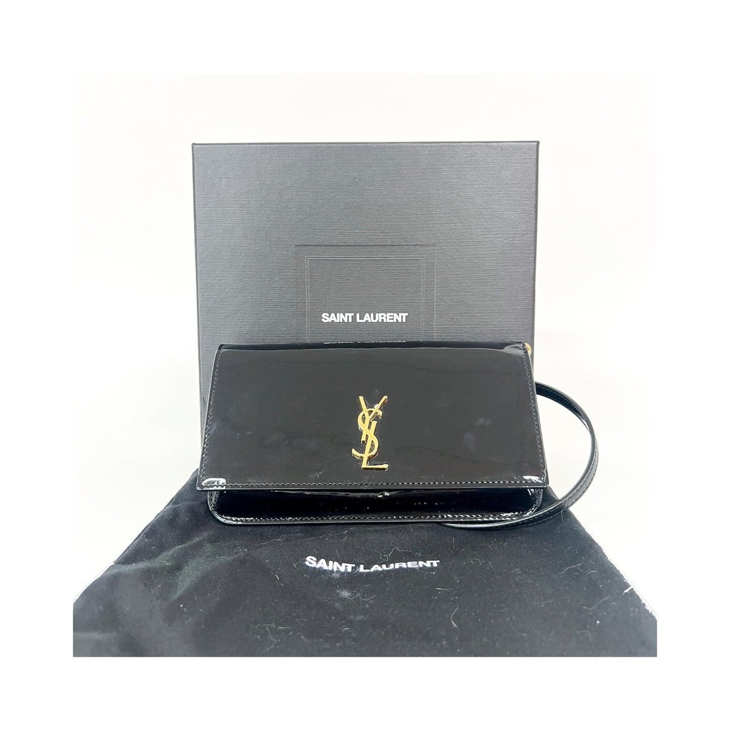 Saint Laurent Cassandre Flap Wristlet Patent, Black, Patent Leather, Handbag